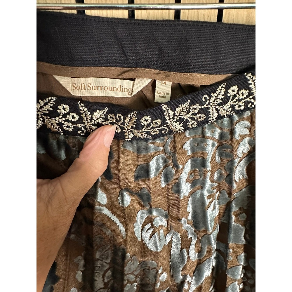 240 Soft Surroundings Brown Silver Blue Velvet Pleated Maxi Skirt (Size 14, EUC) - Picture 5 of 6